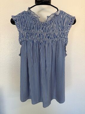 Market & Spruce Blue and White Striped Ruffle Cap Sleeve Top